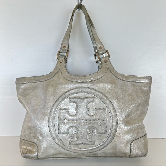 TORY BURCH Bombe Metallic Silver Shimmer Crackled Leather Shoulder Bag Tote - Picture 3 of 15